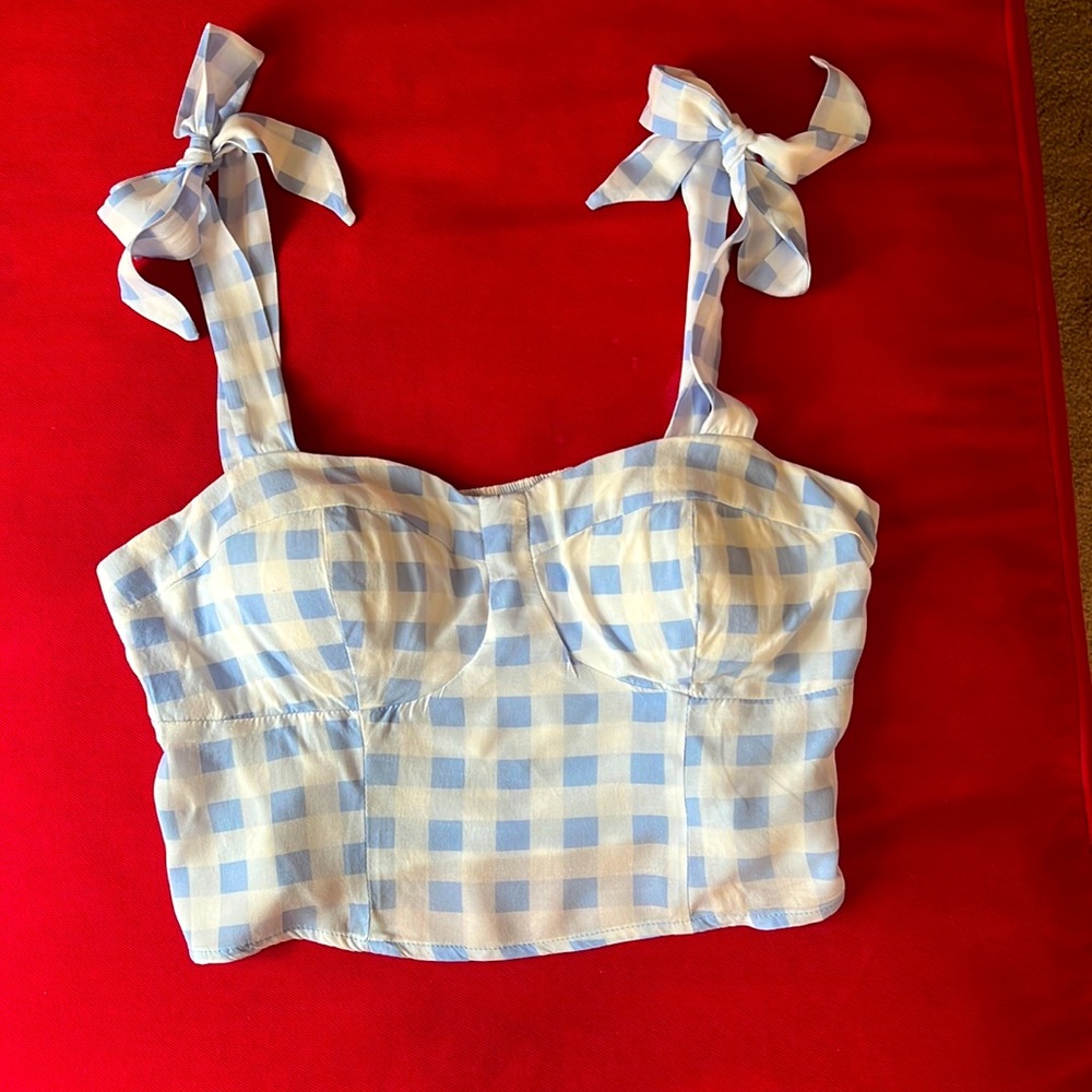 Crop Top, Rabbit 🐇 rose, Size M, Boho Top, Blue and white with gathered back.